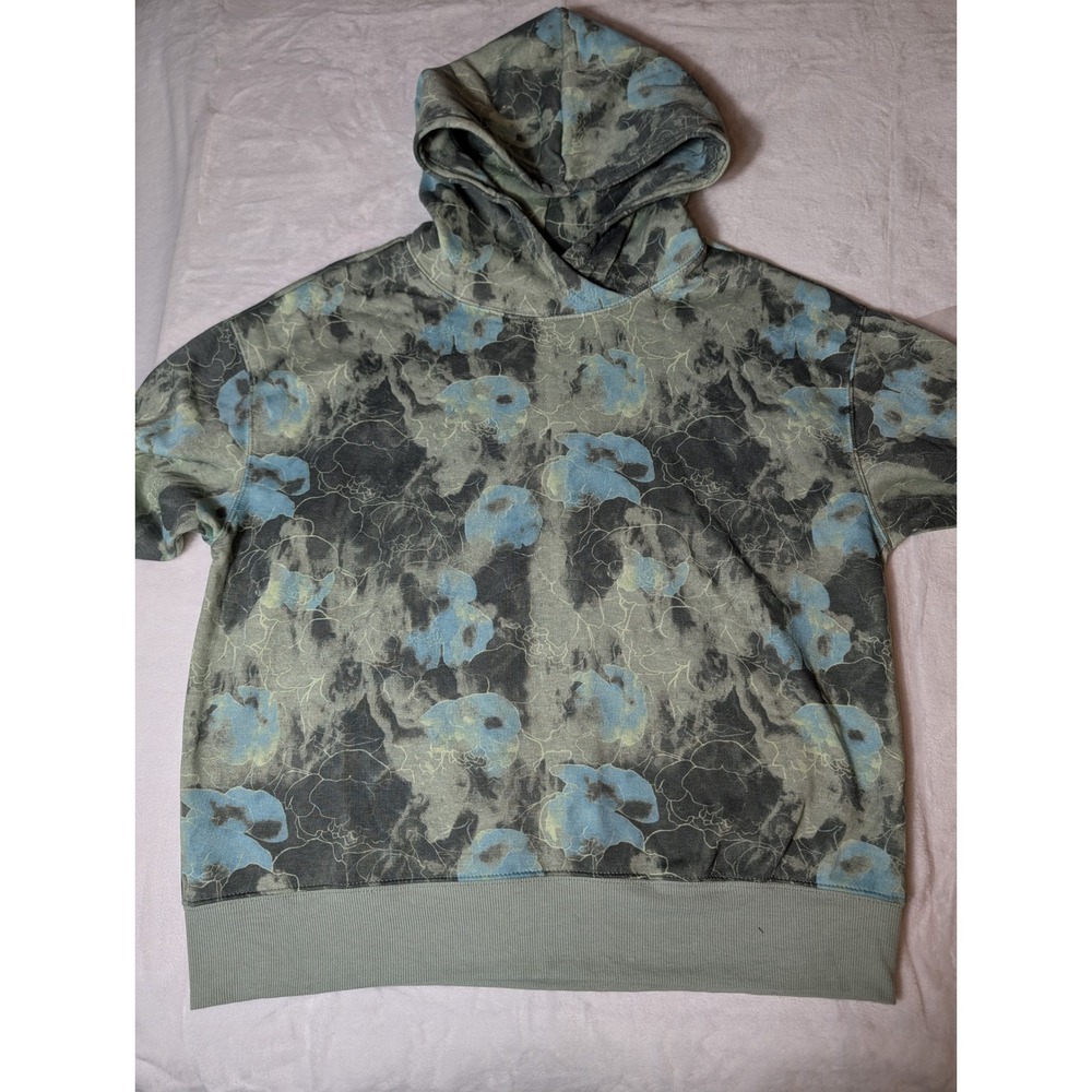 Just Be Floral Abstract Hoodie Sage Green Blue Fleece Pullover XL Gorpcore Boho